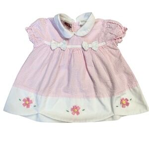 Matilda Kids Seersucker Dress Pink White‎ Floral Bows Easter Spring 12 Months